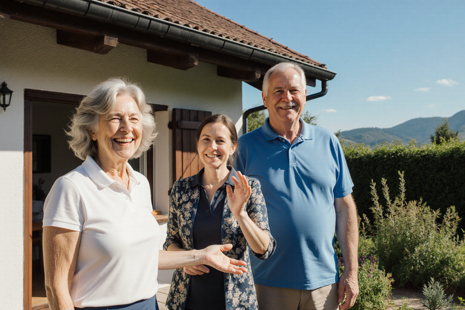 Helles freundliches Eigentümergespräch vor kleinem normalem Haus, volle Köpfe, natürliche Hände und Architektur