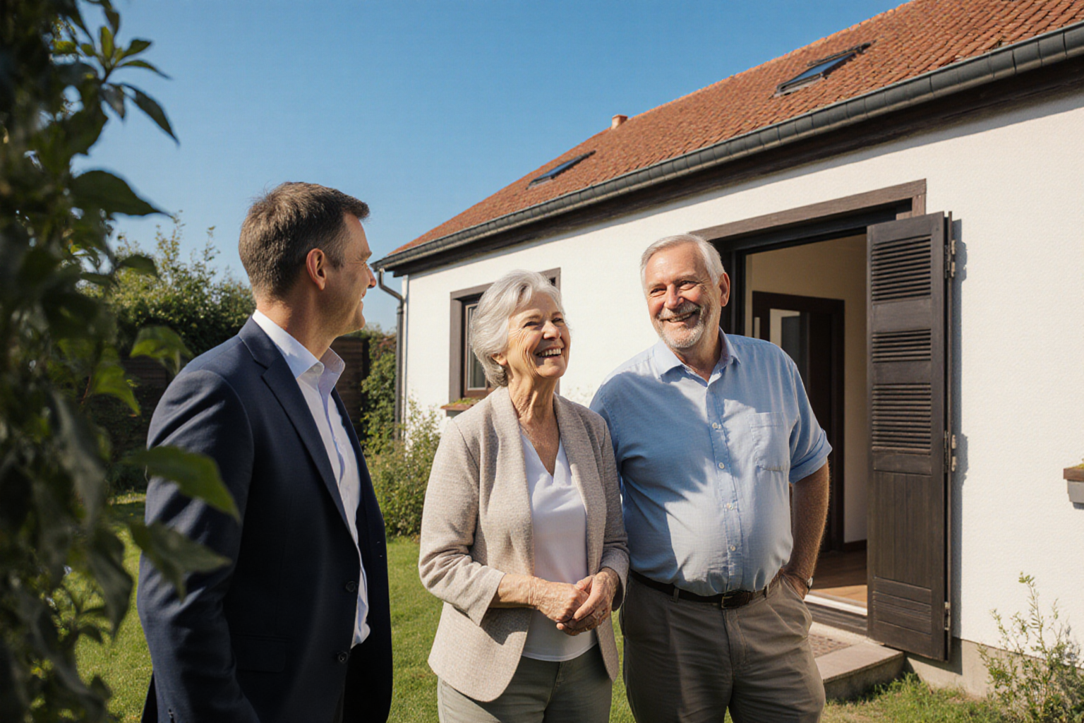 Gemeinsames Gespräch im Garten eines überschaubaren Hauses