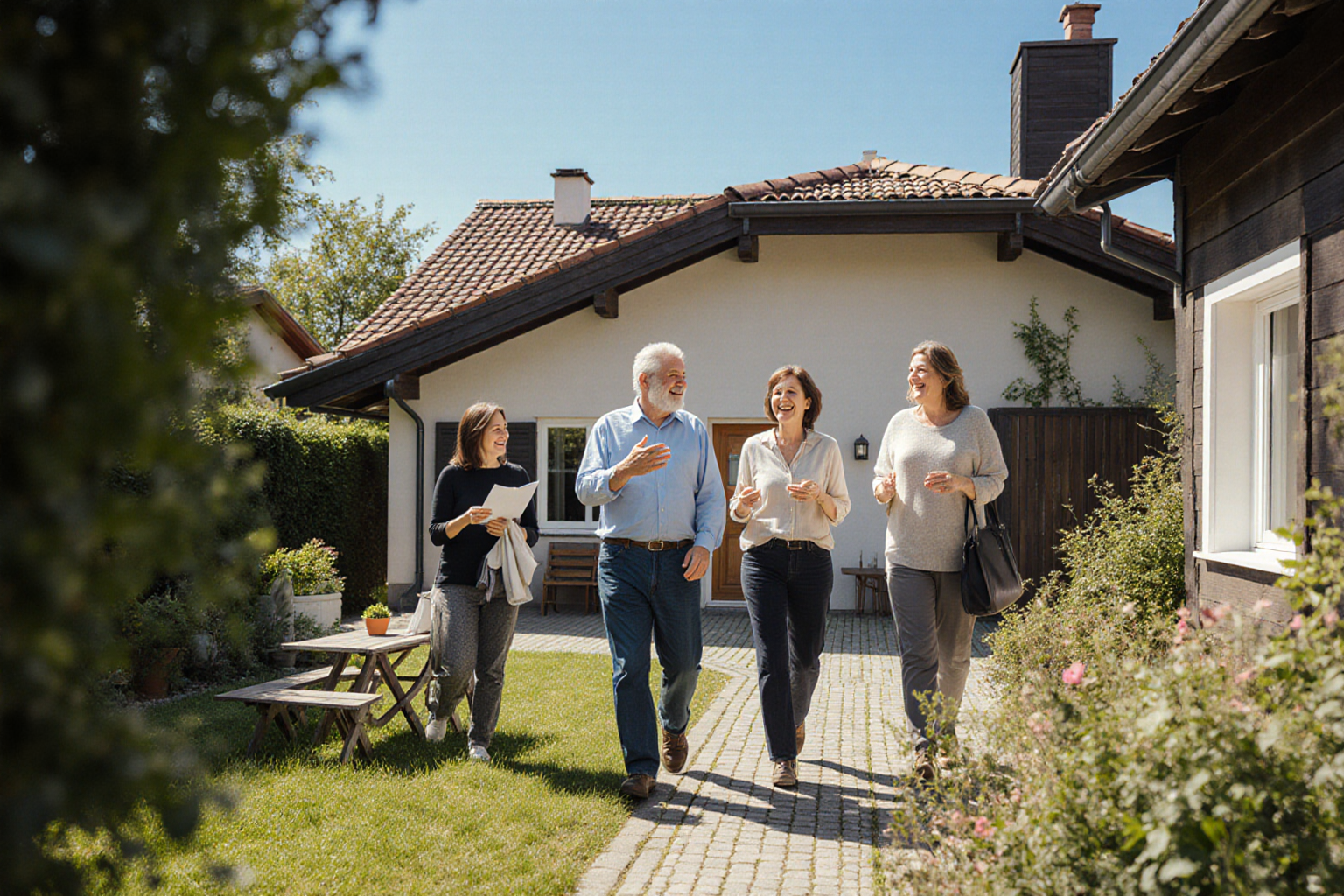 Gemeinsamer Gartenrundgang vor einem kleinen Haus